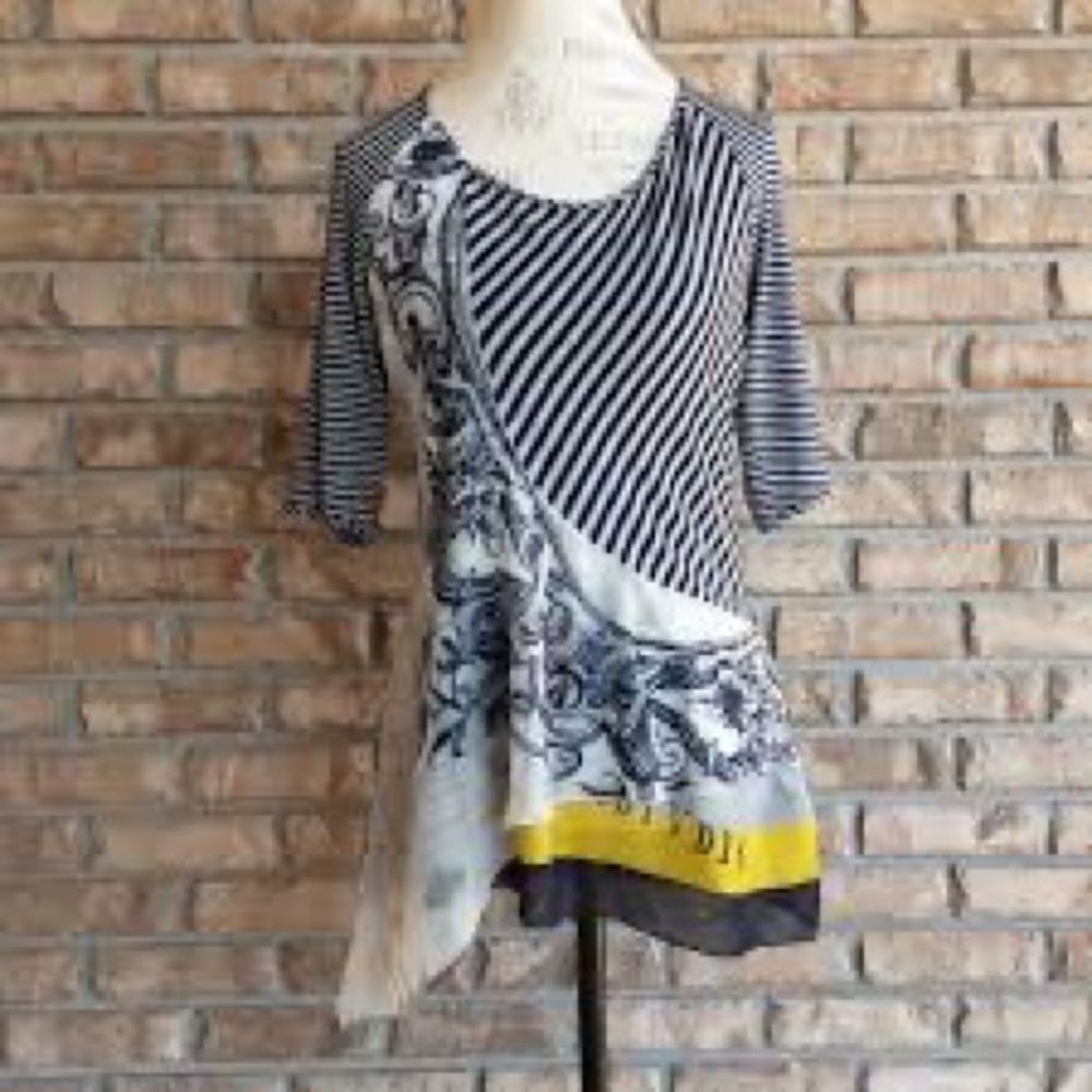 Soft surroundings soft navy and grey stripe knit semi sheer shark bite tunic top